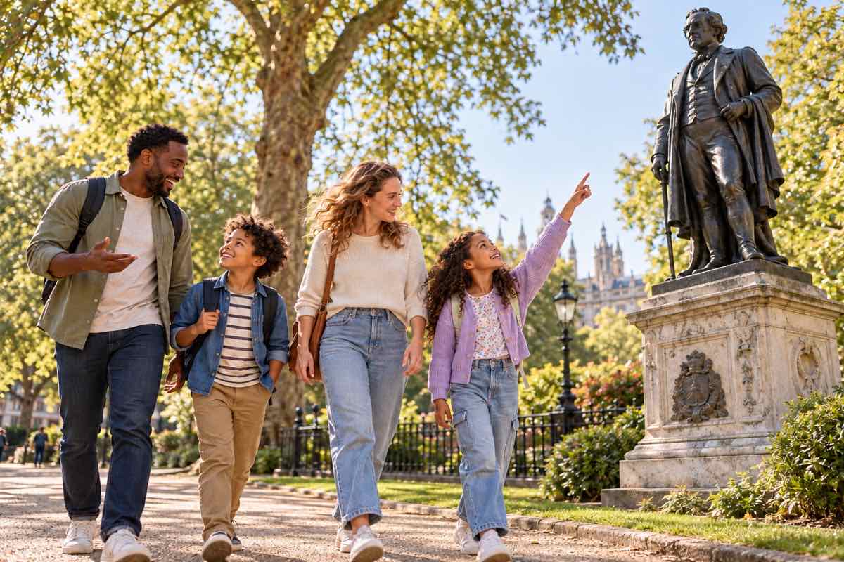 A family walking through a park, pointing at a statue