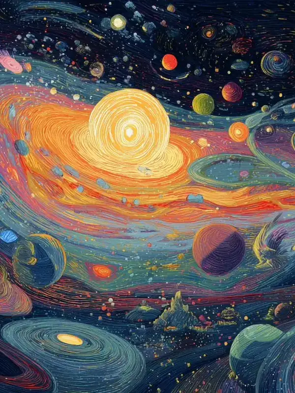 Swirling galaxies, from a story about the universe
